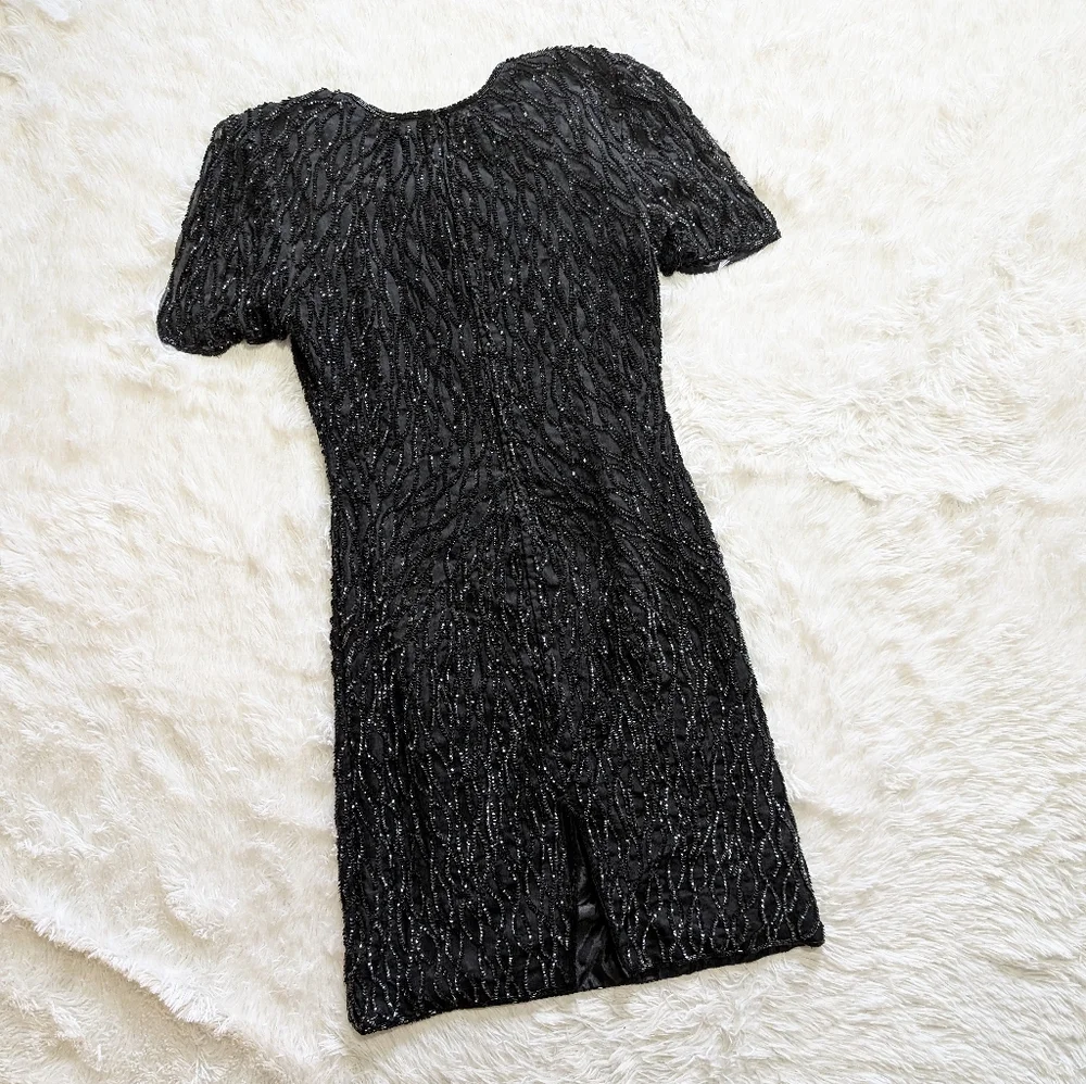 80s Vintage Silky Nites by Cherish Black Sequin & Beaded Cocktail Dress - Picture 7 of 15